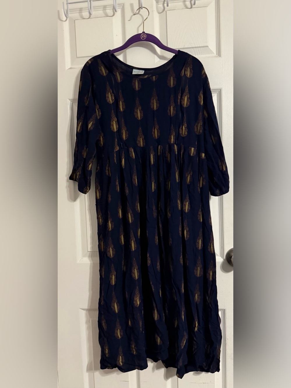 Women's Maternity Navy Dress with Gold Leaf Print